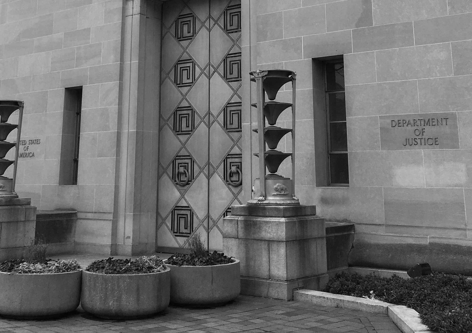 exterior photo of the doors at the Department of Justice